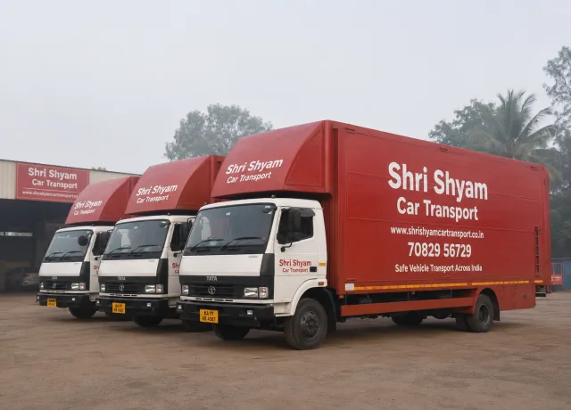 Closed car carrier trucks parked at the company yard | Shri Shyam Car Transport