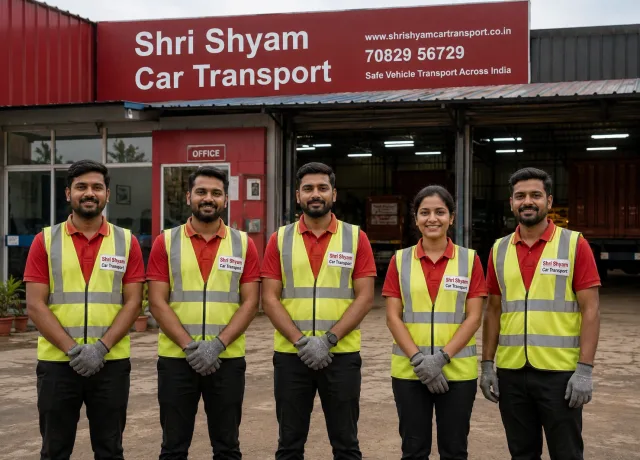 Uniformed logistics team outside the warehouse office | Shri Shyam Car Transport