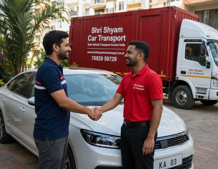 Happy customer with Shri Shyam Car Transport team after vehicle delivery in Bangalore