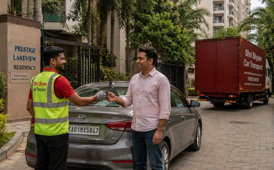 Crew delivering a car at the customer doorstep | Shri Shyam Car Transport