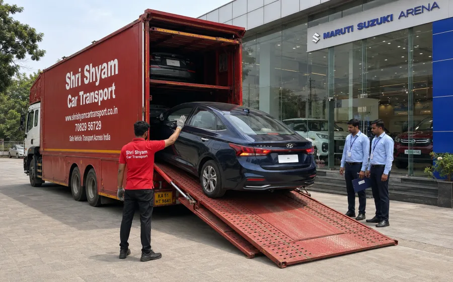 Car carrier delivering vehicles to an automobile showroom | Shri Shyam Car Transport