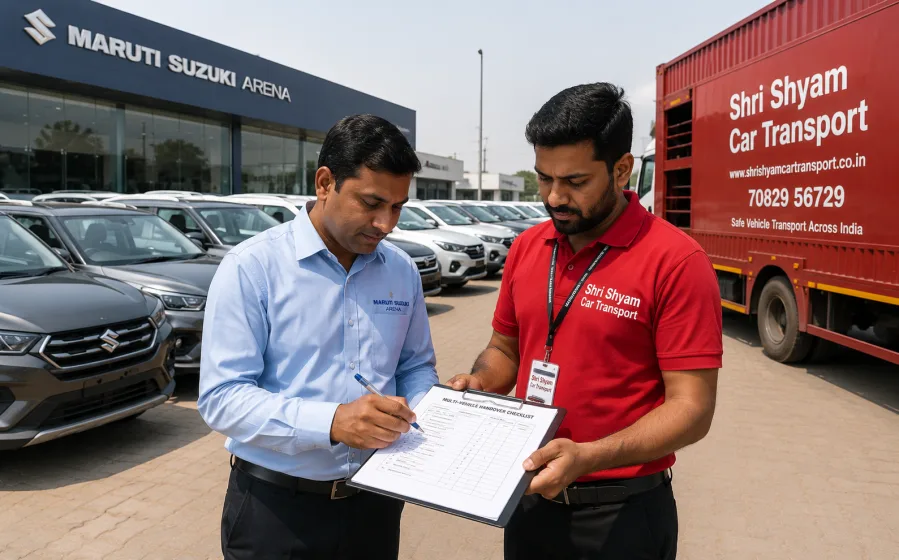 Dealer and logistics team signing a vehicle handover checklist | Shri Shyam Car Transport