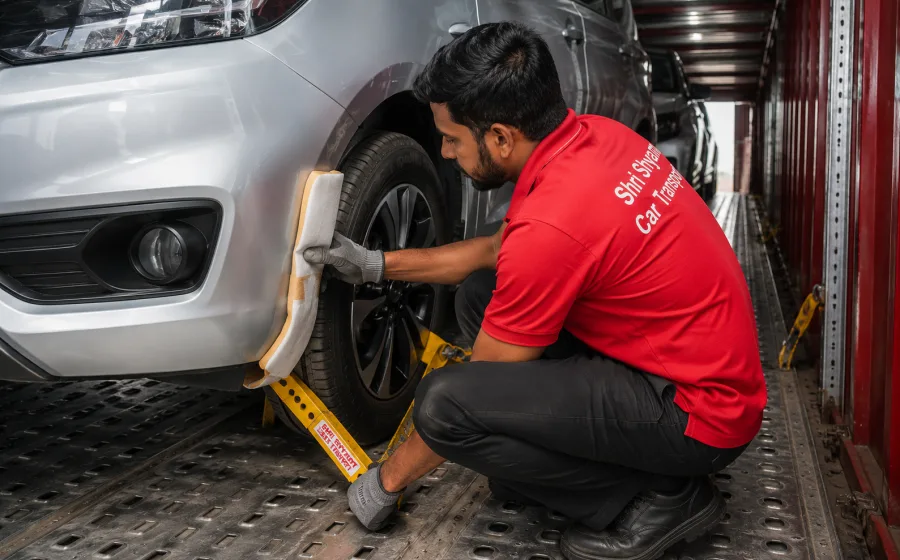 Staff fastening a wheel lock and corner guard on a vehicle | Shri Shyam Car Transport